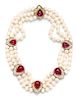 An 18 Karat Yellow Gold, Cultured Pearl, Pink Tourmaline and Diamond Triple Strand Necklace, Montreaux, 85.80 dwts.