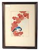 Blue Bird On Red Vine Japanese Woodcut Print