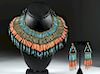 Egyptian Faience & Coral Pectoral Necklace w/ Earrings
