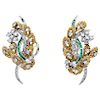 A pair of emerald and diamond 14K white gold and palladium silver earrings. 