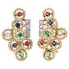 A pair of sapphire, ruby, emerald and diamond 18K yellow gold 18K and palladium silver earrings.