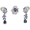 A sapphire and diamond sterling and palladium silver ring and pair of earrings set.