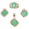 An emerald and diamond 14K yellow gold pendant, ring and pair of earrings set.