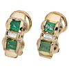 A pair of emerald and diamond 14K yellow gold earrings.