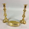 Pair of English Brass Beehive Candlesticks and an Engraved Brass Tobacco Box