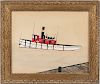 Framed Gouache on Paper Portrait of a Tugboat