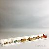 Fourteen Carved Toy Buildings and Locomotives and a White-painted Pine Hanging Wall Shelf.  Estimate $200-250