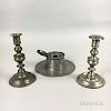 Two Weekes Pewter Candlesticks and an English Pewter Inkwell