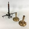 Two Octagonal-base Candlesticks and a Wrought Iron Rotating Roaster