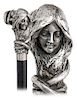 10. Silver Figural Art Nouveau Cane -Ca. 1900 -Heavy silver handle modeled with to depict a female head with encircling vine extending in a round seal