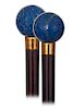 56. Lapis Lazuli Dress Cane -Ca. 1900 -Plain Lapis Lazuli ball knob and its plain and gilt metal collar on a well-streaked and richly colored rosewood