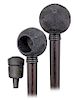 136. Ebony Puzzle Container Cane -Ca. 1880 -Substantial ebony ball knob finely turned with concentric circle panels and an ebony shaft with integral g