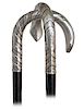 147. Silver Dress Cane -Ca. 1900 -Large and well-proportioned silver crook handle decorated with polished, barbed washers alternating with identical, 