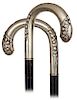188. Alpacca Day Cane -Ca. 1900 -Large and well-proportioned white metal crook handle chased and engraved on both sides with identical flower panels, 
