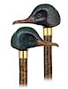 191. Duck Head Cane -Ca. 1950 -Fruitwood handle stylized carved and highlighted with green hues to depict a stylized duck head with a long and pointed