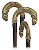 68. Wiener Bronze Chameleon Cane -Ca. 1890 -Very large bronze crook handle modeled, cast and finely hand chased to depict a chameleon bent over its en