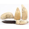Alaskan Scrimshawed Whale Tooth AND Knife with Walrus Ivory Handle, From the Collection of William H. Saunders, M.D. and Putzi Saunders, Ohio