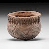 A Small Heavily Engraved Pottery Vessel, 3-1/4 x 3-3/4 in. 