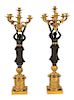 A Pair of Large Empire Gilt and Patinated Bronze Candelabra Height 36 1/2 inches.