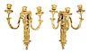 A Pair of Italian Neoclassical Giltwood Three-Light Wall Sconces Height 14 inches.