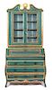 An Italian Green and Parcel Gilt Painted Secretary Height 89 x width 41 1/2 x depth 18 1/2 inches.
