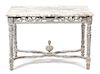 A Louis XIV Style Carved and Painted Marble Top Console Table Height 30 x width 43 1/2 x depth 27 3/4 inches.