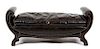 A French Empire Style Black Leather Upholstered Rolled Arm Bench Height 20 1/2 x width 50 x 18 inches.