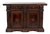A Jacobean Style Carved and Stained Pine Side Cabinet Height 40 1/4 x width 60 1/4 x depth 19 3/4 inches.