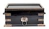 An English Silver Mounted Ebonized Tambour Top Humidor Height 5 5/8 x width 13 x depth 9 3/8 inches.