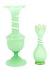 Two Green Opaline Glass Vases with Wrapped White Snake Decoration Height of tallest 14 inches.