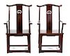 A Pair of Ming Style Hardwood Yoke Back Armchairs Height 42 1/4 inches.