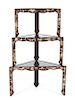 An Asian Inlaid Three Tier Corner Etagere Height 56 3/4 x width 36 3/4 x depth 18 3/4 inches.
