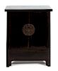 A Chinese Black Lacquer Side Cabinet Height 32 1/2 x width 24 3/4 x depth 13 3/4 inches.