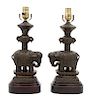 A Pair of Japanese Bronze and Jeweled Elephant-form Table Lamps Height 14 inches.