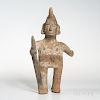 Large Colima Standing Figure, c. 100 BC-500 AD, standing erect, right hand holding a staff, left hand outstretched, with large piercing