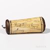 Eskimo Container, Alaska, 19th century, bone with wood ends, decorated with pigmented scrimshaw animals and figure, lg. 4 1/8 in.Proven