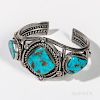 Navajo Silver and Turquoise Bracelet, with three settings surrounded by silver twisted rope work, dia. 2 3/8 in.