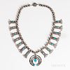 Navajo Silver and Turquoise Squash Blossom Necklace, c. 1940s, with large handmade silver beads, fourteen turquoise-inlaid blossoms wit
