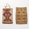 Two Plateau Cornhusk Bags, early 20th century, the natural fiber with geometric designs in colored yarns on both sides, with hide strap