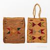 Two Plateau Cornhusk Bags, c. late 19th century, each with geometric designs done with natural fiber and colored yarns, one with leathe