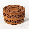 Northwest Coast Polychrome Rattle-top Twined Basket, Tlingit, c. 1900, rattle lid, with banded geometric designs on lid and basket, ht.
