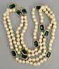Chanel necklace, pearls with green chiclets crystal stones, signed on round metal tag: Chanel CC 1981, in a black Chanel box.