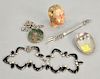 Five piece lot with early silver spork fork/spoon, early stone head, watch fob, and necklace.