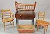 Nine piece lot to include a tiger maple chair, Sheraton armchair and table, cradle, child's rocker, marble top stand, one door cabin...