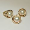 14K Yellow Gold & Cabochon Pearl Ring & Earrings