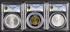 Three Mexican coins, to include a 100 P, 1991-Mo, PCGS MS-64, a silver Onza, 1993-Mo, PCGS MS-68, an