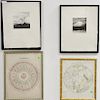 Four framed items to include Southern Circumpolar map, F.J. Huntington 1835; two etchings signed Jocelyn Sandor; and a diagram Johns...