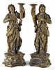 Pair of Continental carved and painted figural pricket sticks, 18th c., 27'' h.