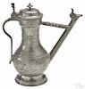 Swiss pewter wine flagon or Stegkanne, 18th c., the body with an engraved extensive inscription