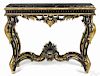 Italian marble top console table, late 19th c., with an ebonized and giltwood base, 37 1/2'' h.